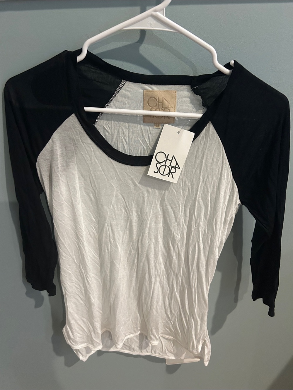 Chaser Black & White Raglan Lightweight (paper thin) Baseball Sleeve Tee
